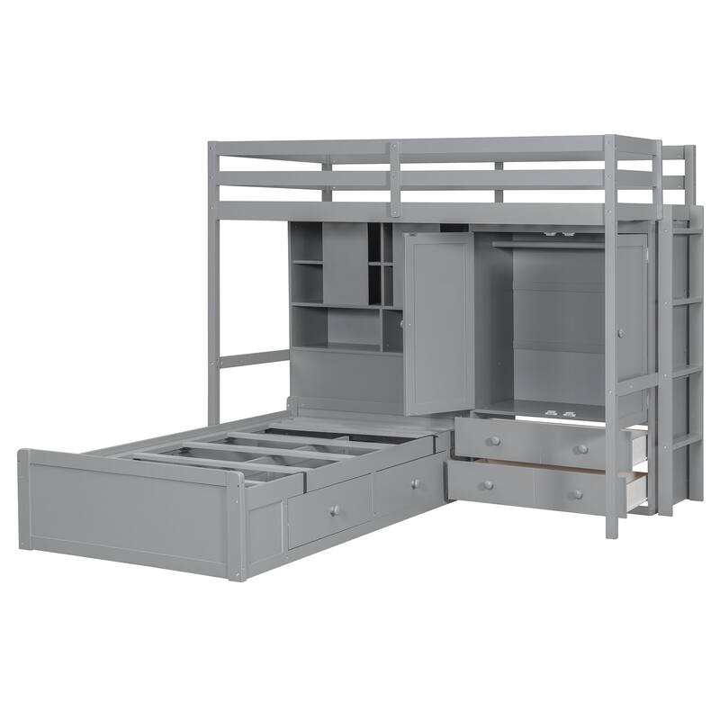 L-shaped Bunk Bed Twin Over Twin with Side Wardrobe and Under Drawers, Down Hydraulic Bed with Storage Shelves for Bedroom