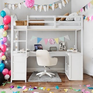 White Wooden Full Size Loft Bed with Tri-fold Mirror, Wood Bed with Open Frame Desk Shelves