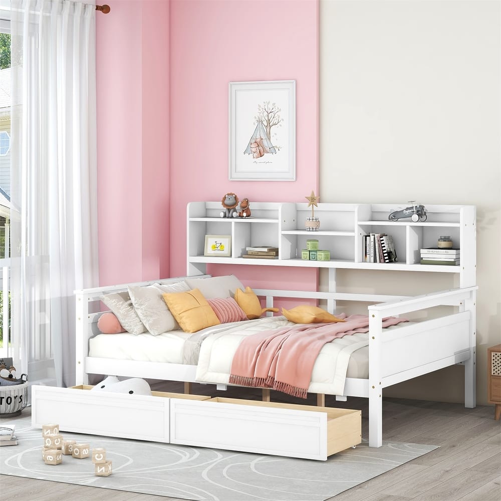 Twin/Full size Daybed with Shelves and Two Drawers