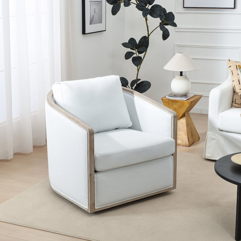 KINWELL 31"W Oak Frame Upholstered Swivel Barrel Armchair
