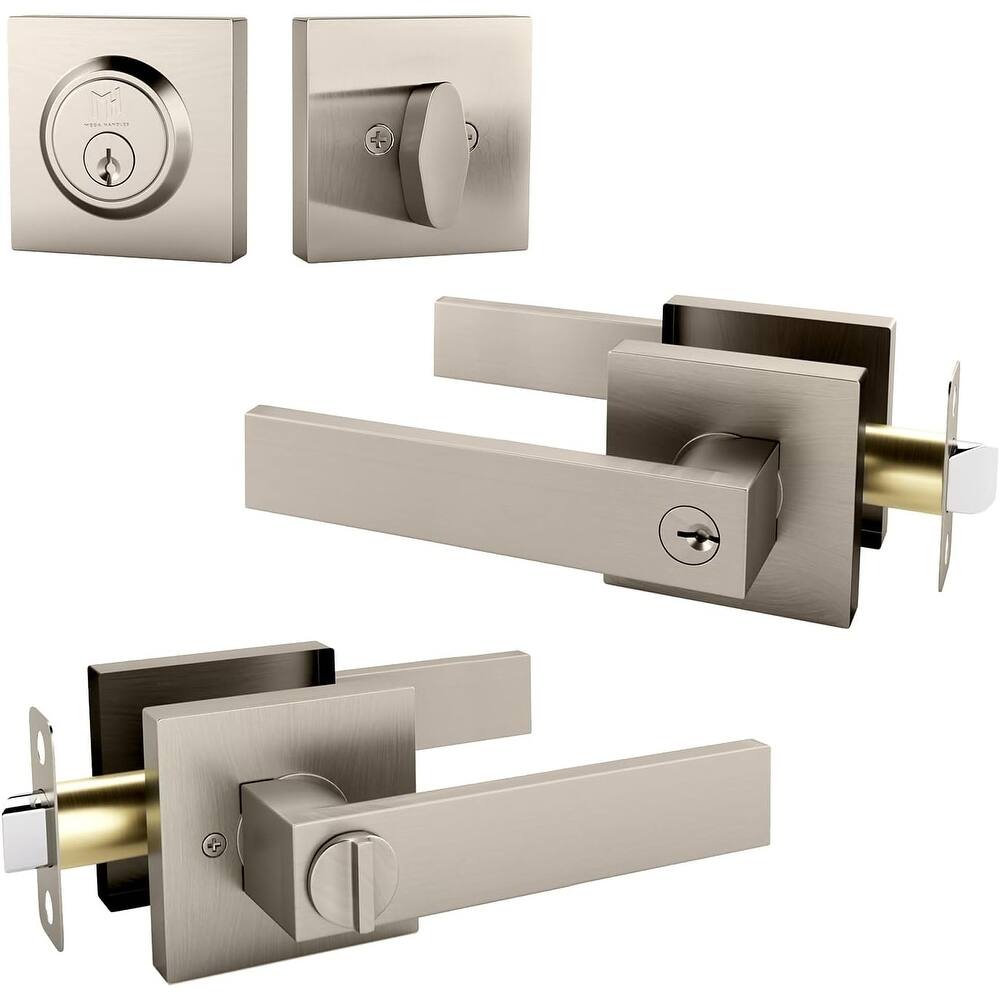Mega Handles ROBELL Square Entry Lever and Deadbolt Combo | Front Door Lock Set | Modern Stainless Steel | Keyed Door Lever
