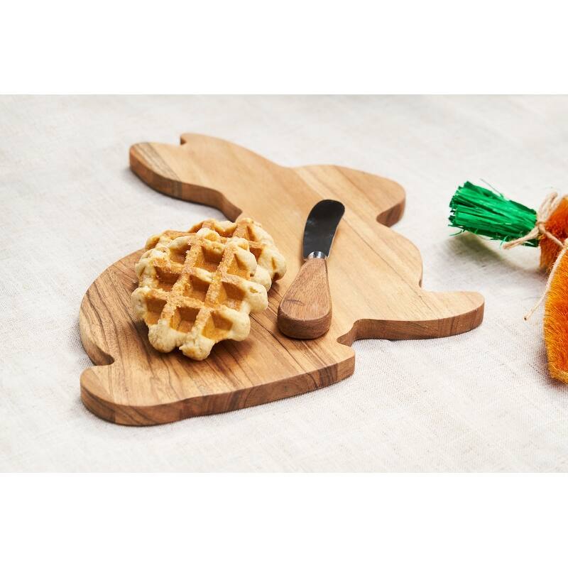 10" Spring Easter Bunny Rabbit Shape Smooth Acacia Wood 2-Piece Serving Charcuterie Platter Tray w/ Cheese Spreader Knife