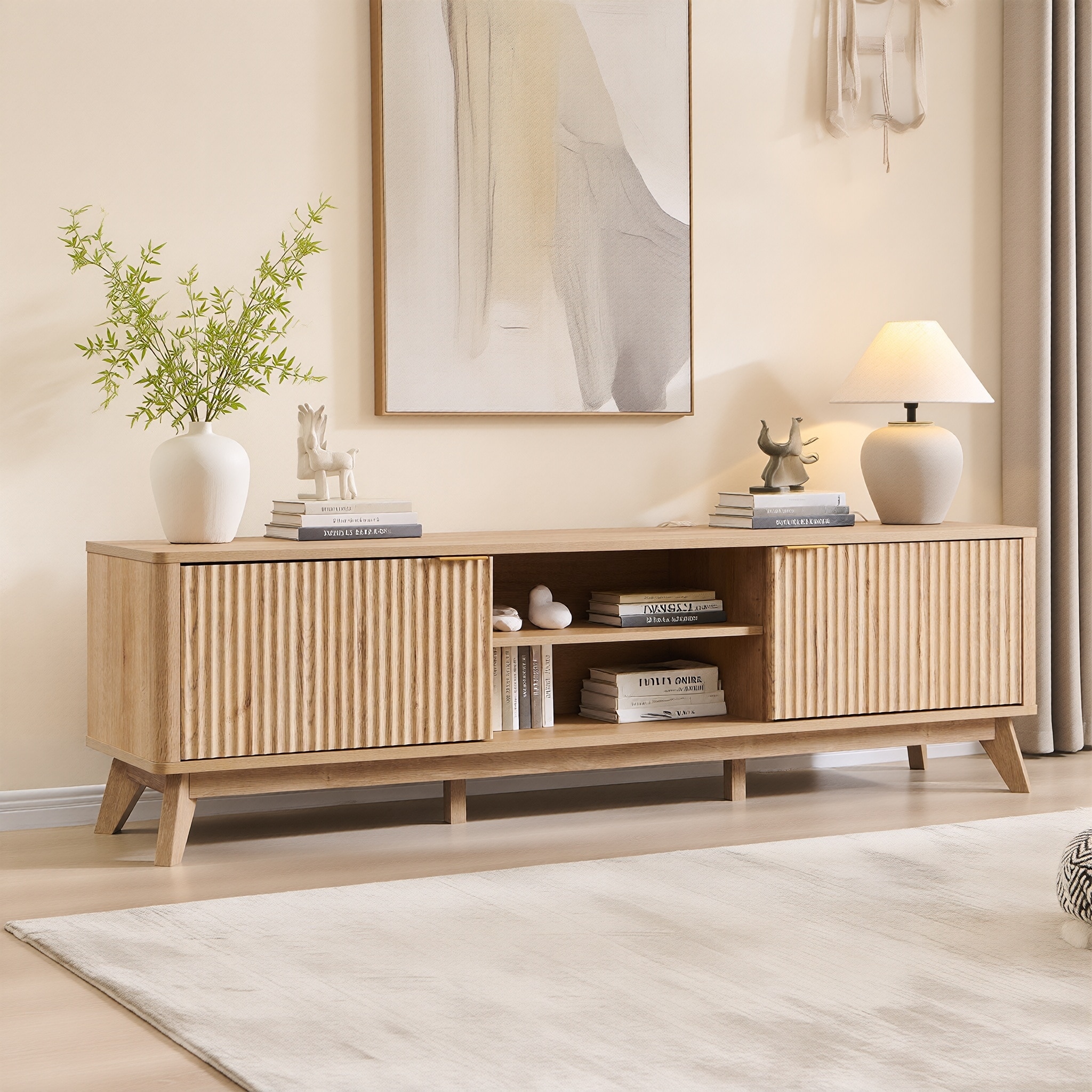 70" Modern Fluted TV Stand for Living Room, Wood Entertainment Center