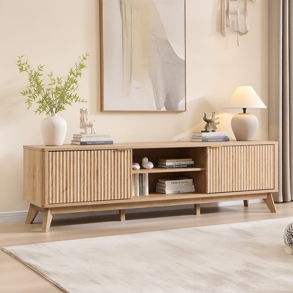 70" Modern Fluted TV Stand for Living Room, Wood Entertainment Center