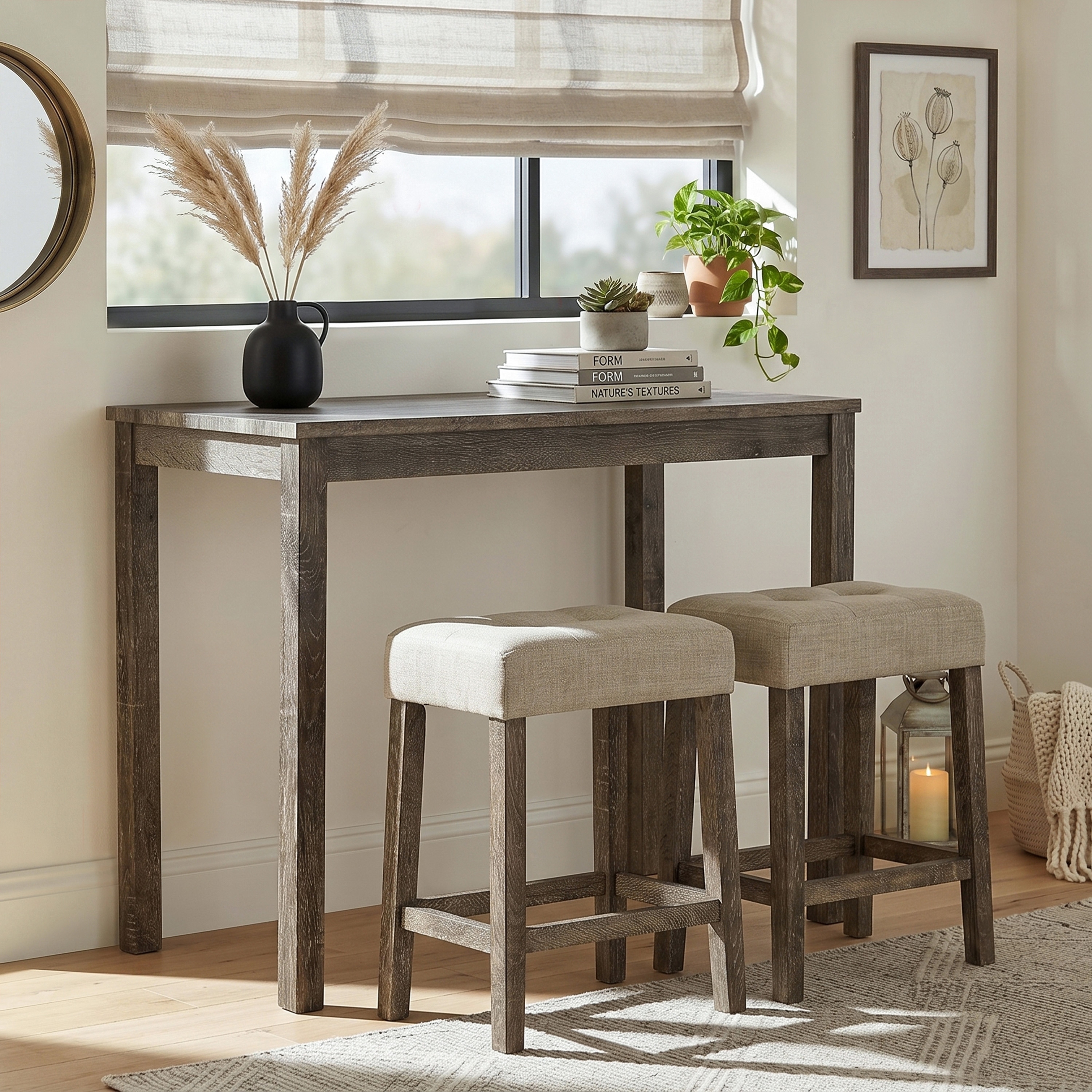 Furniture of America Nassel 3-Piece Brown Wood Counter Height Dining Table Set with Tufted Seat