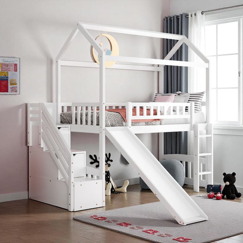 Twin Loft Bed with Slide and Storage Steps, House-Style Kids Bed with Two Drawers and Play Area, No Box Spring Needed - White - Twin