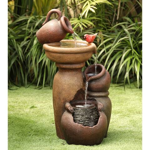 Rustic Brown Pitcher and Pot Tiered Outdoor Resin Fountain