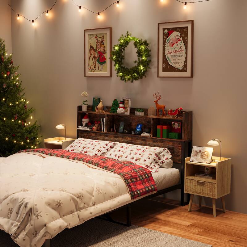 Modern Fluted Nightstand Set of 2 with USB Charging Station, Drawer and Open Storage Shelf