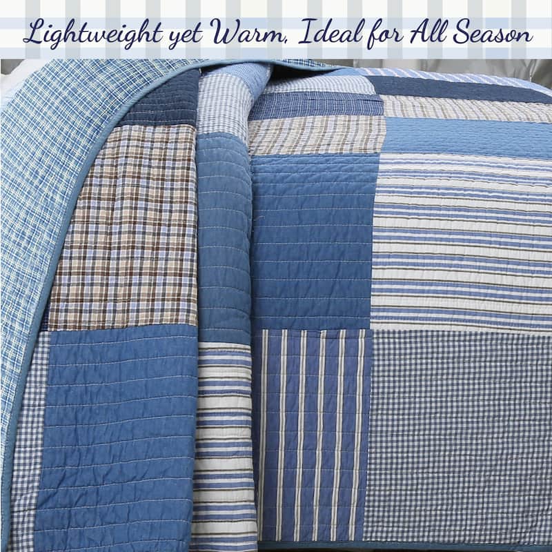 Cozy Line Blue Jean Plaid Stripe Tartan Patchwork Cotton Reversible Quilt Bedding Set