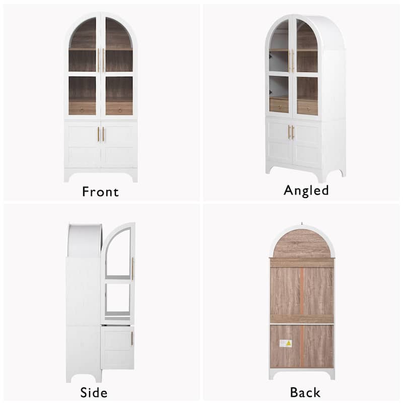 Farmhouse Arched Pantry Cabinet - 71" Tall Kitchen Storage with Adjustable Shelves, Glass Door & Hidden Drawer