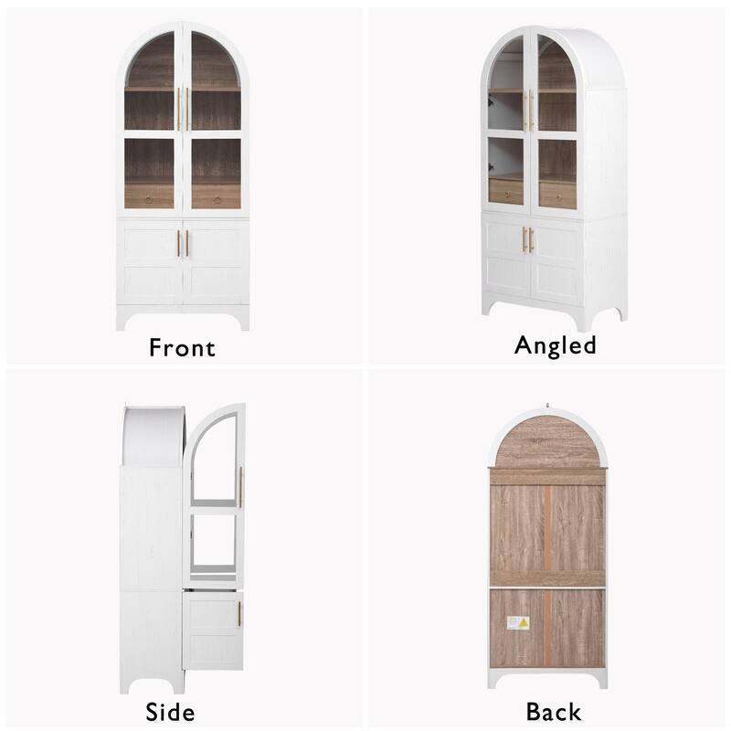 Roomfitters 71" Tall Arched Kitchen Pantry Cabinet with Glass Doors, Hidden Drawer & 4 Door Shelves