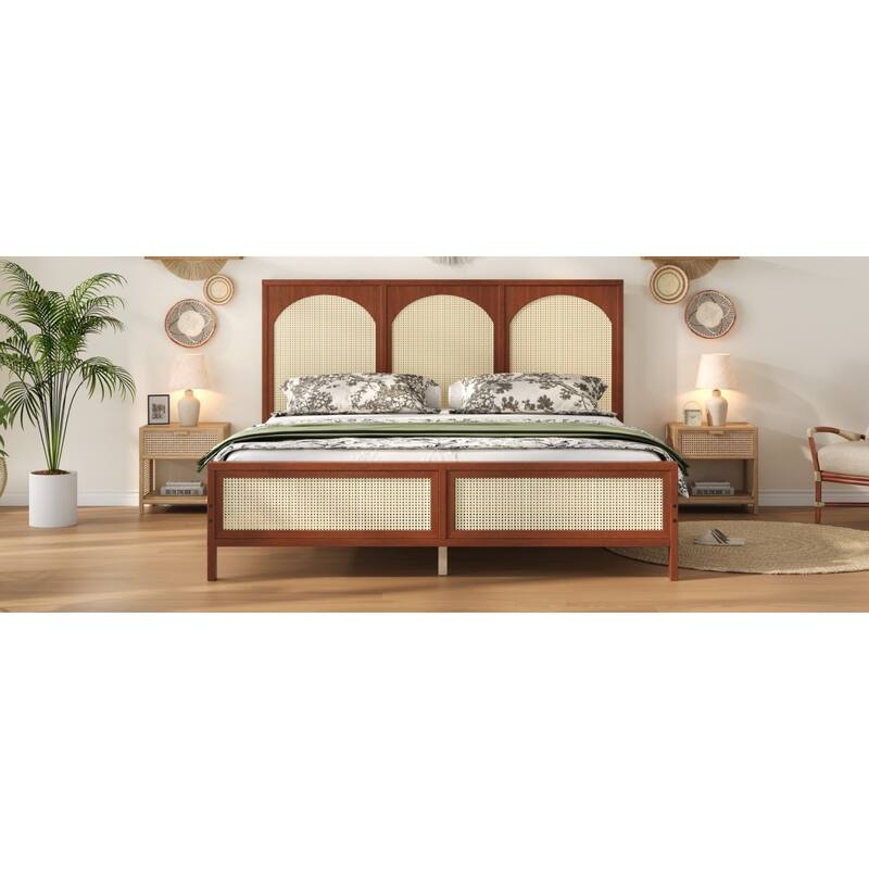 Roomfitters Queen/King Wood Platform Bed with Rattan Headboard and Footboard