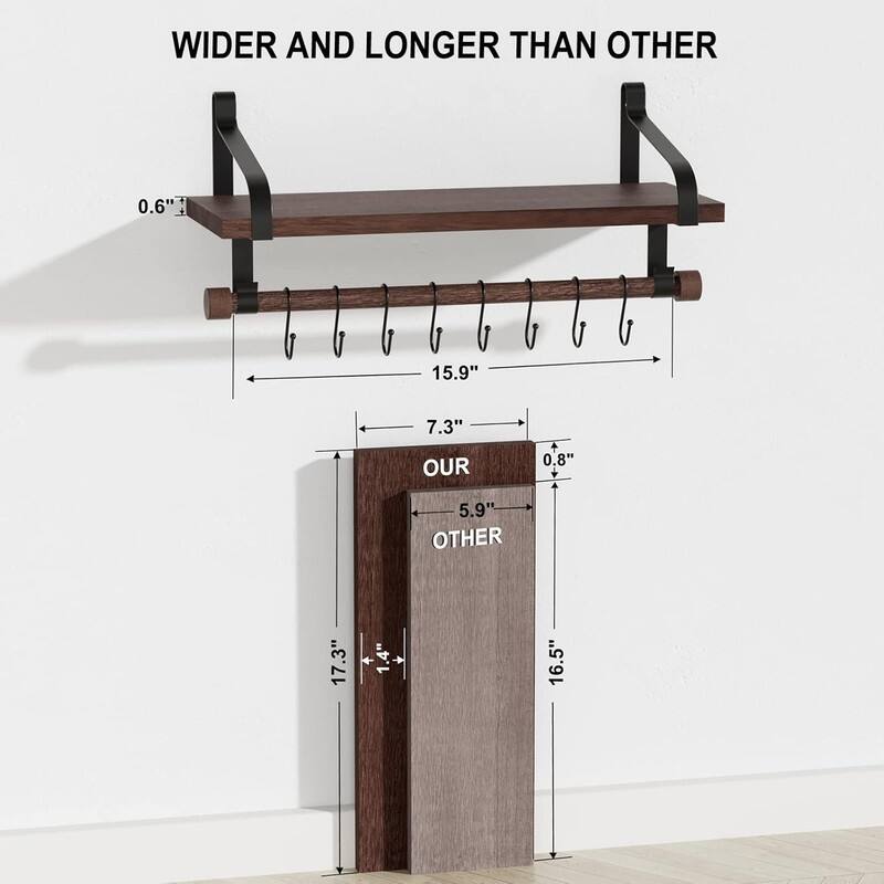 Floating Shelves for Coffee Bar,Bathroom Shelves with 8 Hooks - 7.3"D x 17.3"W x 8.27"H
