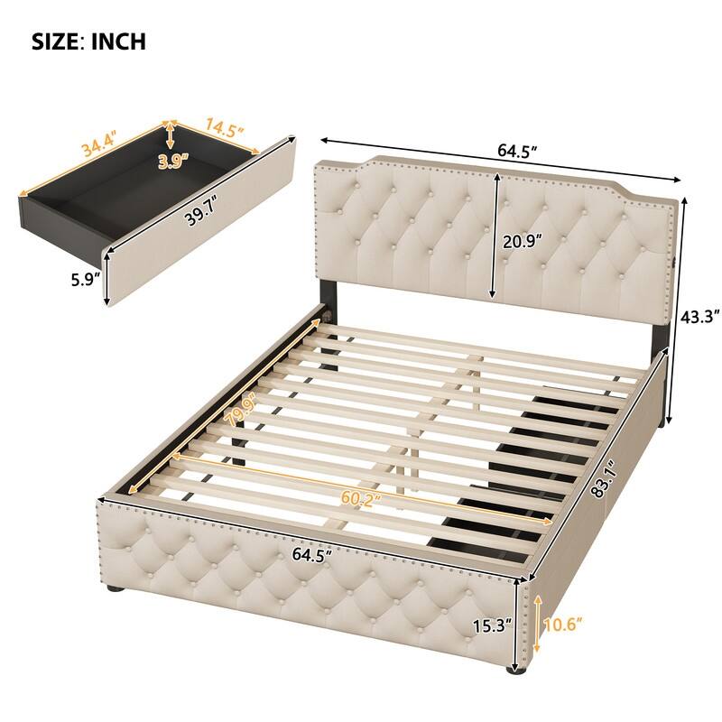 Queen Size Upholstered Platform Bed with 2 Drawers and 2 sets of USB Ports on each side, Linen Fabric