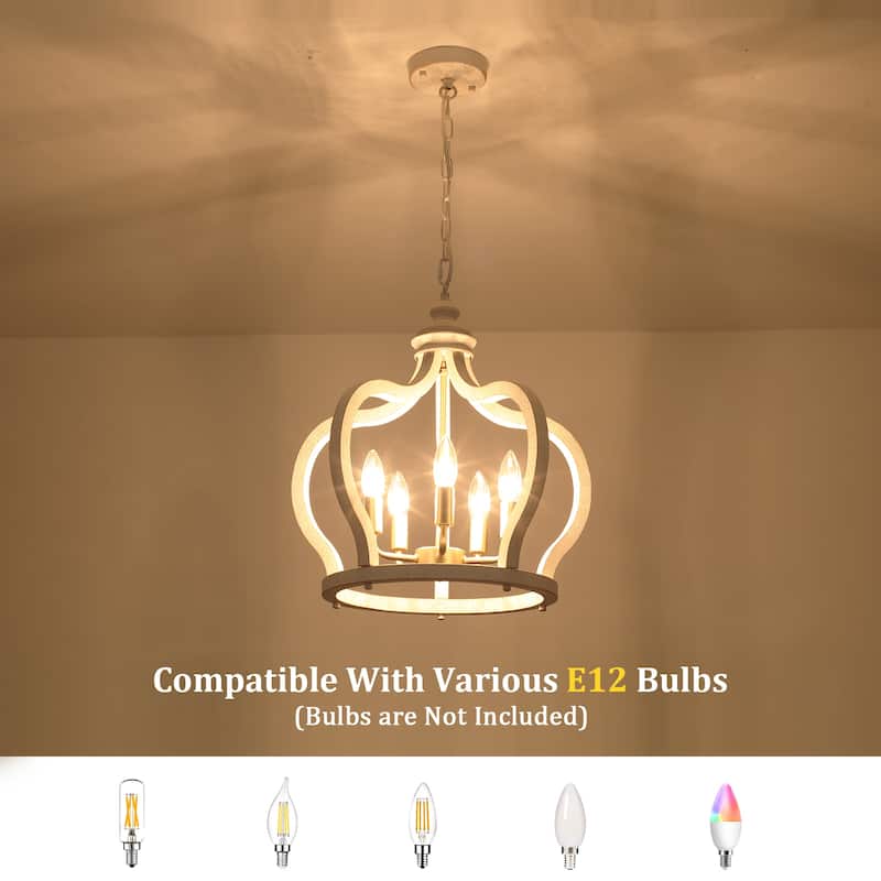 5-Light Rustic Crown Wood Ceiling Light Farmhouse Shabby Chic Chandelier, Bohemian Chandelier for Living Room Dining Foyer