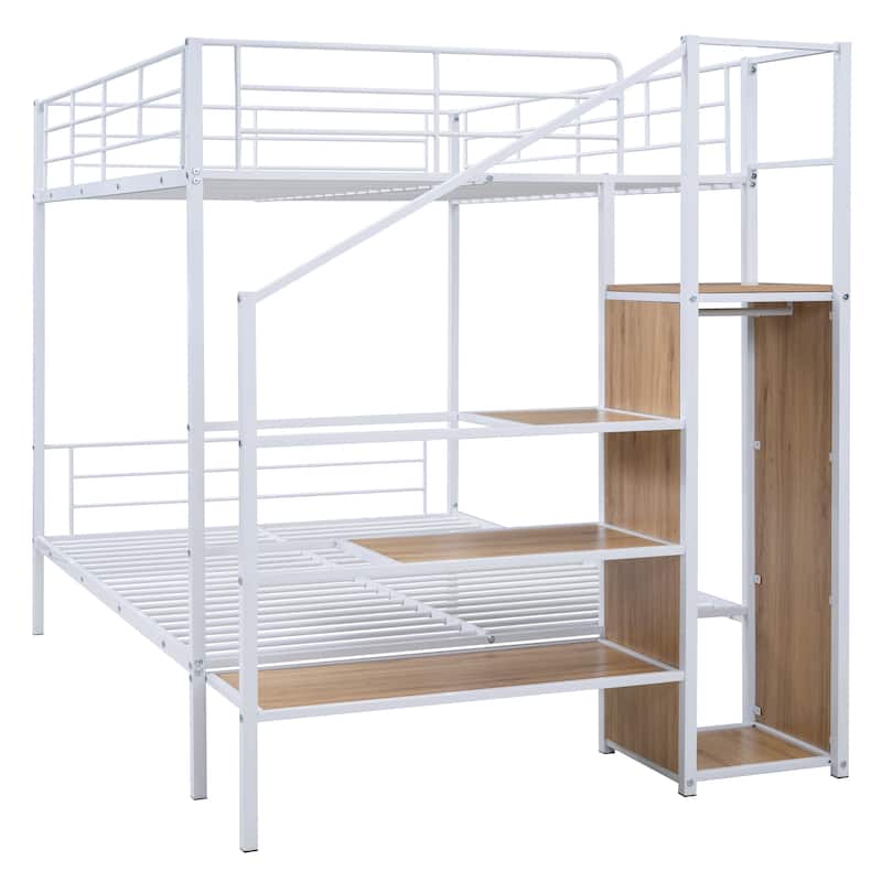 Metal Bunk Bed with Storage Ladder & Wardrobe