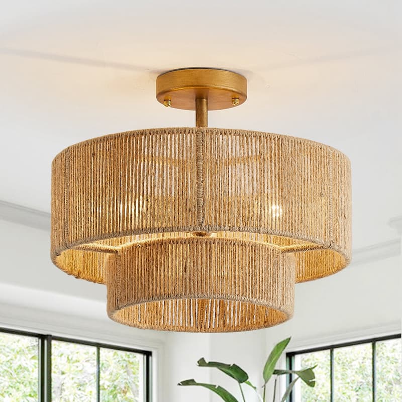 3-Light Coastal Jute Semi-Flush Mount Ceiling Light - Gold