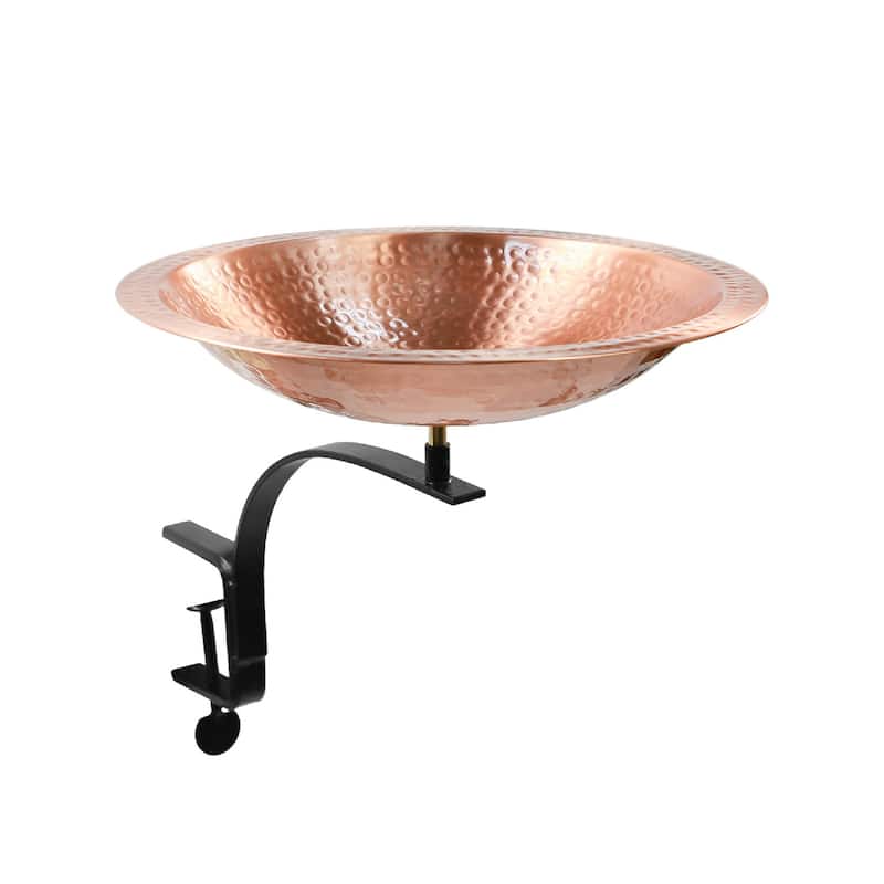 Achla Designs 19" W Round Satin Hammered Solid Copper Birdbath Bowl w/Black Wrought Iron Rail Mount Bracket