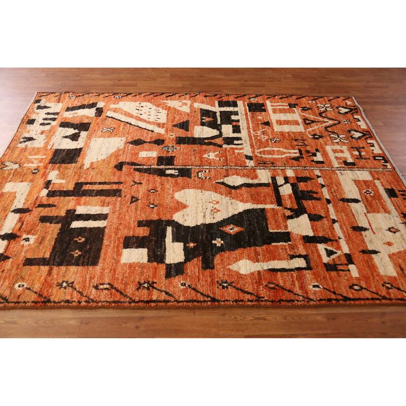 Geometric Moroccan Oriental Rug Hand-Knotted Orange Wool Carpet - 5'7" x 7'9"