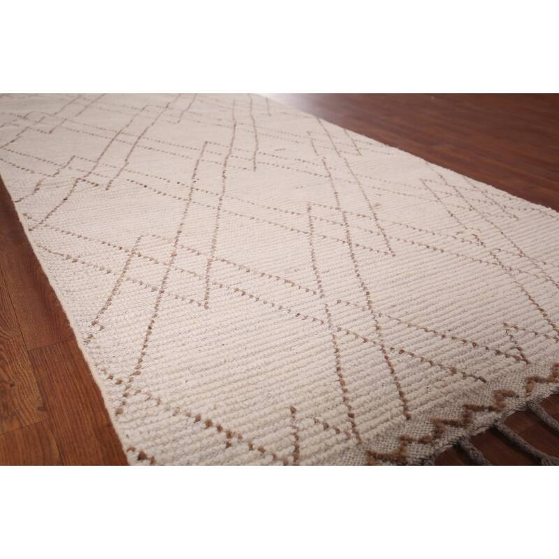 Ivory Trellis Moroccan Oriental Runner Rug Hand-Knotted Wool Carpet - 3'9"x 13'0"
