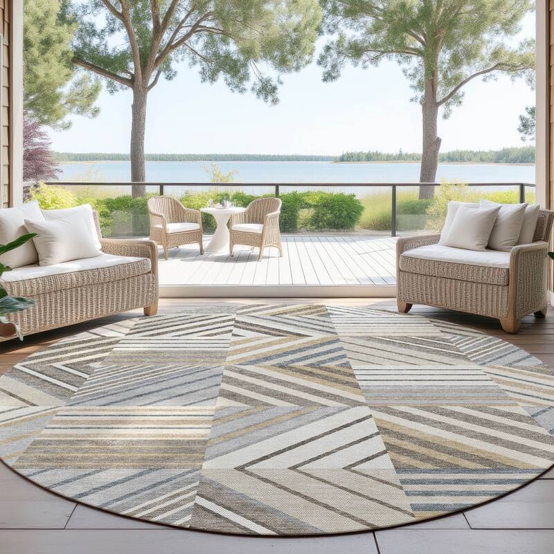 Machine Washable Indoor/ Outdoor Geo Mosaic Chantille Rug - Ivory - 8' x 8'