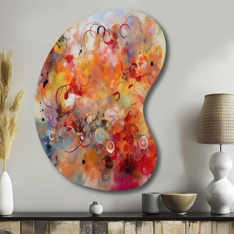 Designart - Orange Red Marbled Dreamscape I - Abstract Geometric Metal Artwork - Modern Orange Metal Boom Shape Print - 28 in. W x 39 in. H
