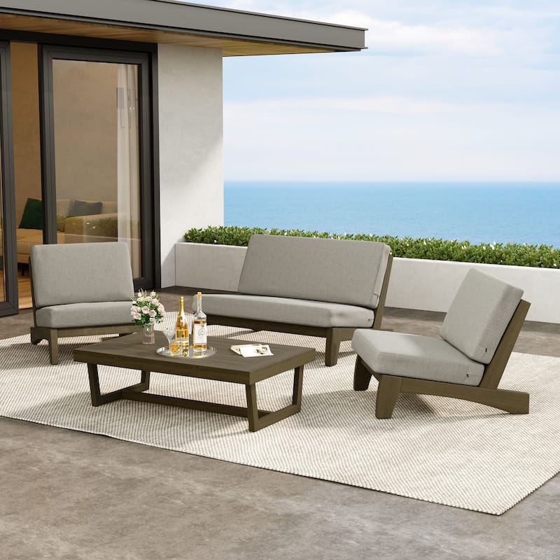 4 Pieces Wood Sectional Sofa Patio Conversation Set With Cushion