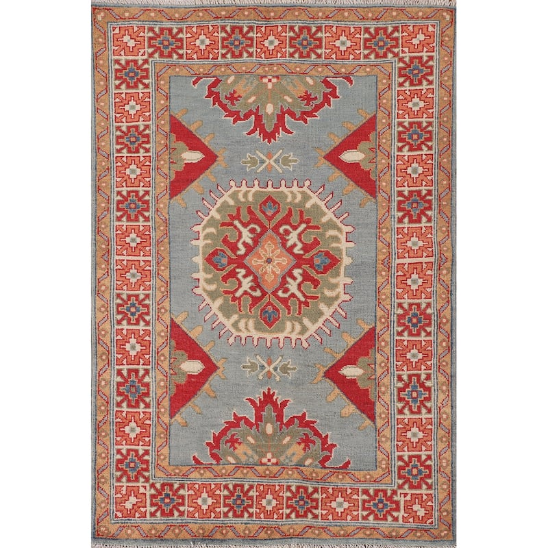 Geometric Kazak Accent Rug Hand-Knotted Oriental Blue Wool Carpet - 3'3"x 5'0"
