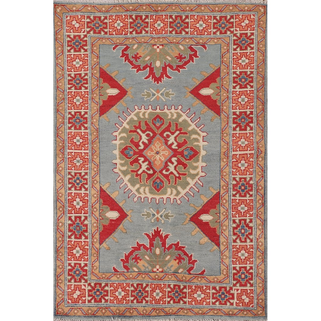 Geometric Kazak Accent Rug Hand-Knotted Oriental Blue Wool Carpet - 3'3"x 5'0"