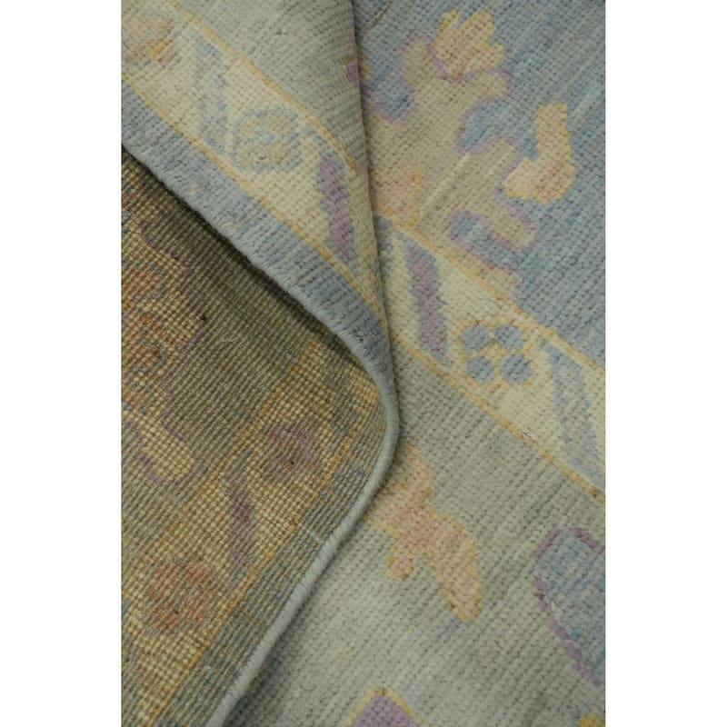 Vegetable Dye Blue Oushak Turkish Area Rug, Floral Geometric Carpet - 9' 10'' X 7' 11''