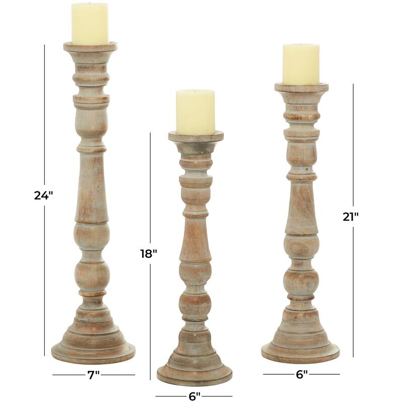 Brown Mango Wood Handmade Candle Holder with Turned Style (Set of 3)