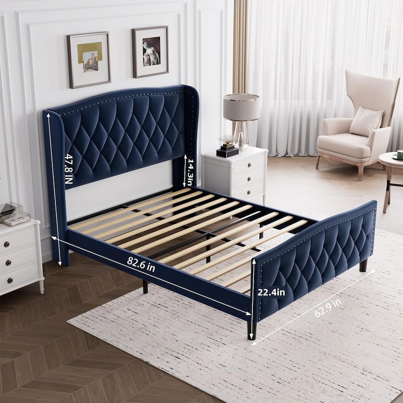 Queen Size Modern Upholstered Velvet Bed with Wingback Headboard