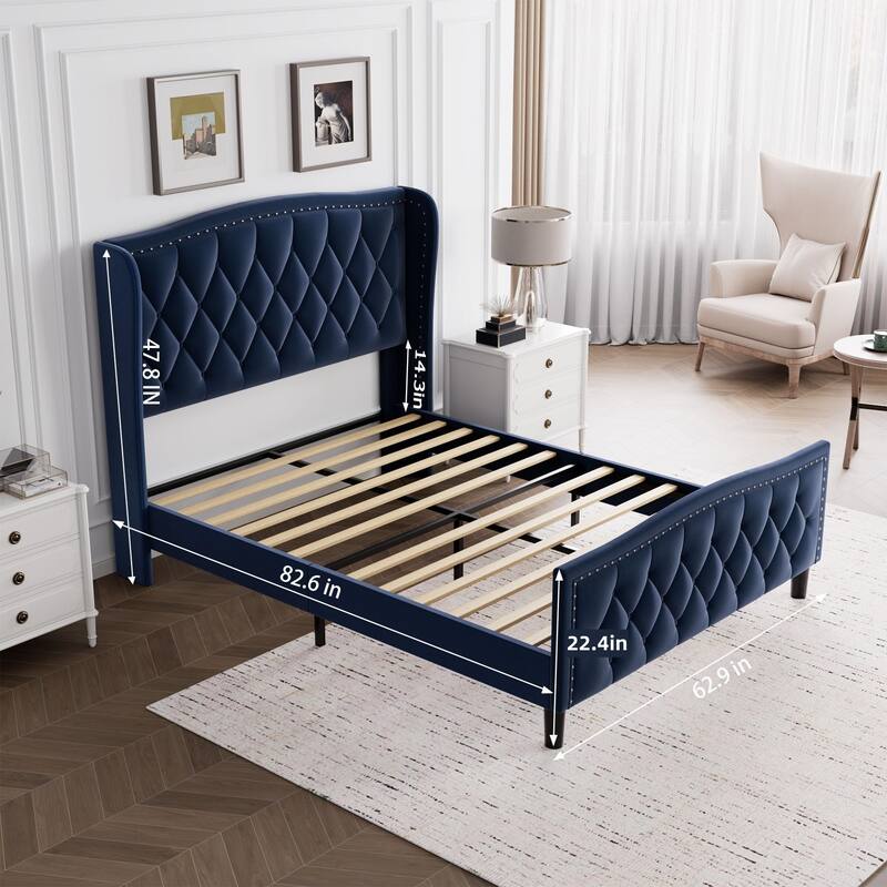 Queen Size Modern Upholstered Velvet Platform Bed with Wingback Headboard and Wood Slat Support