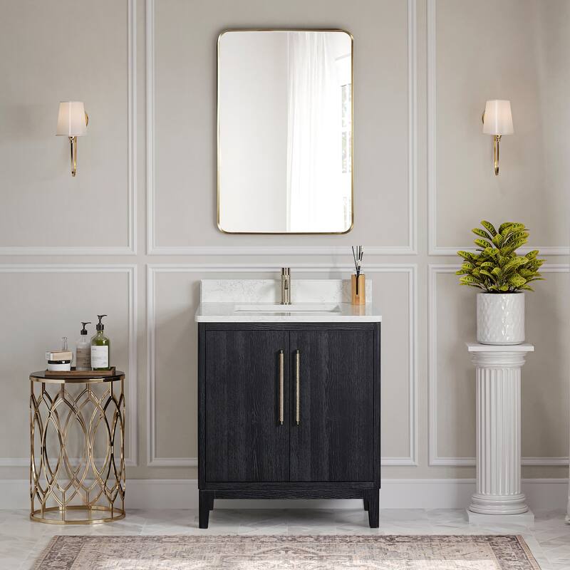 Gara Single Bath Vanity with Composite Stone Top and Mirror - 30in. - Fir Wood Black
