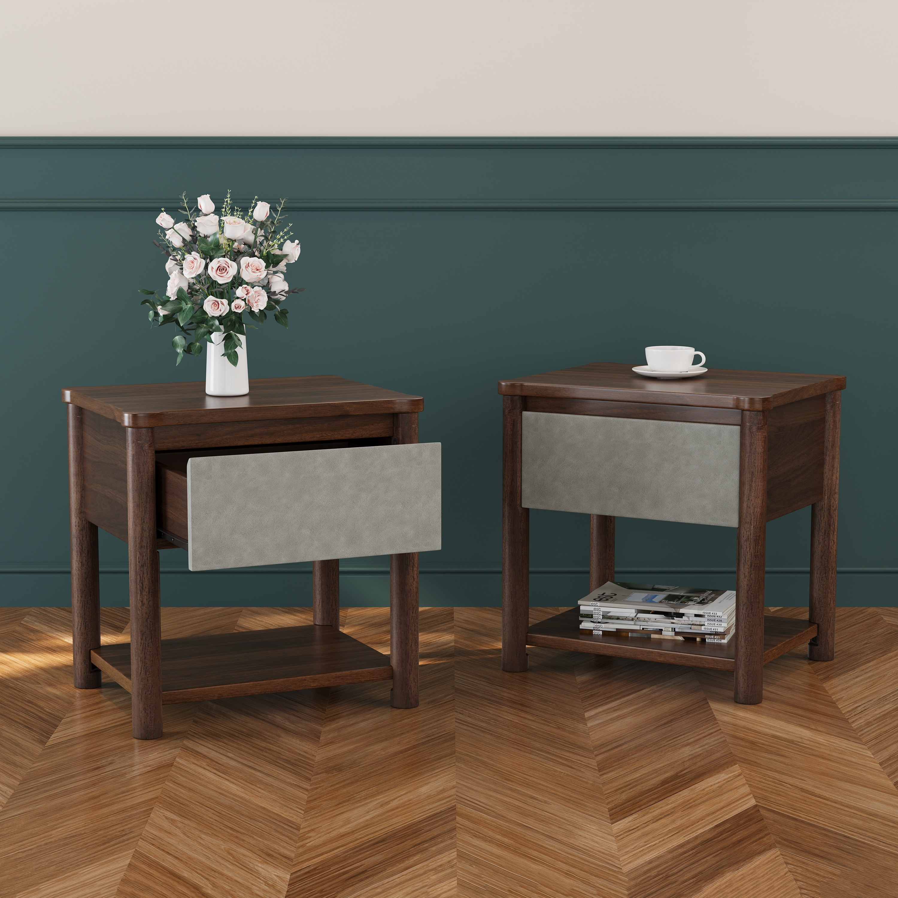 Roomfitters Set of 2 Nightstands with Storage Shelf, Mid Century Modern Bedside Tables for Living Room