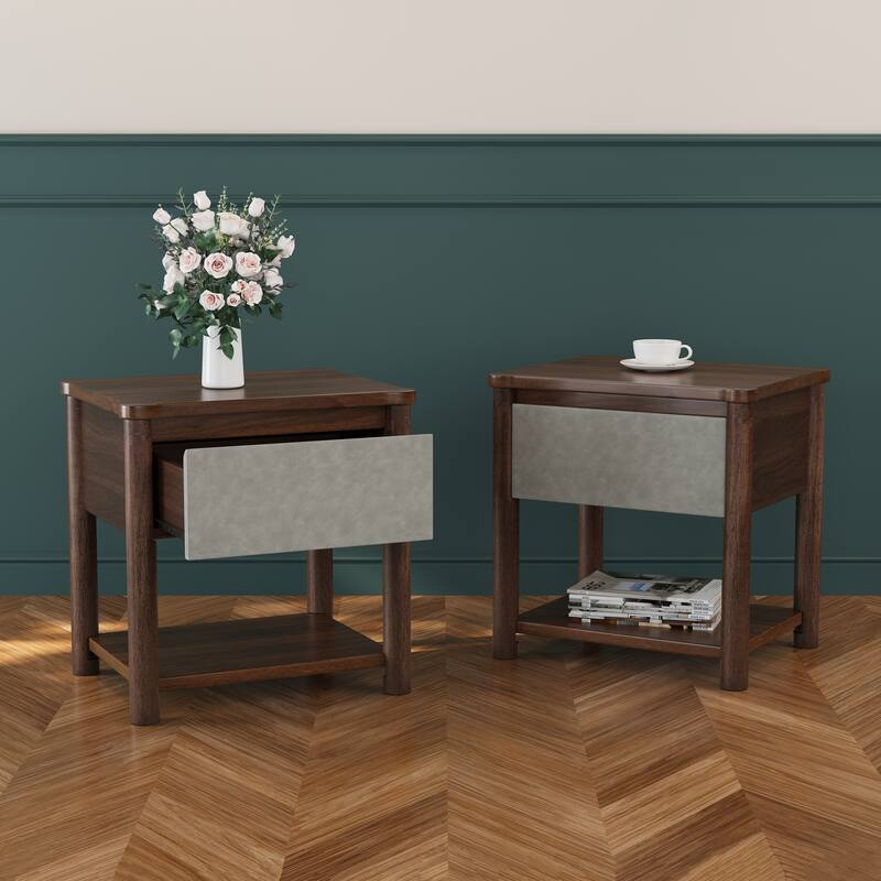 Roomfitters Set of 2 Nightstands with Storage Shelf, Mid Century Modern Bedside Tables for Living Room - Light Grey,Walnut