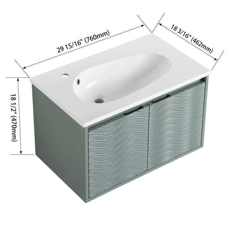 White Double-Door Wall-Mounted Vanity with Drop-Shaped Resin Sink, Soft-Close Hinges, and Hidden Metal Handles