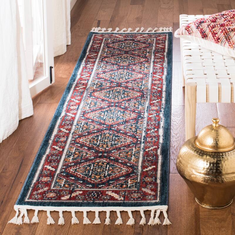 SAFAVIEH Farmhouse Dagbjort Boho Tribal Polyester Rug - 2'1" x 12' Runner - Ivory/Navy