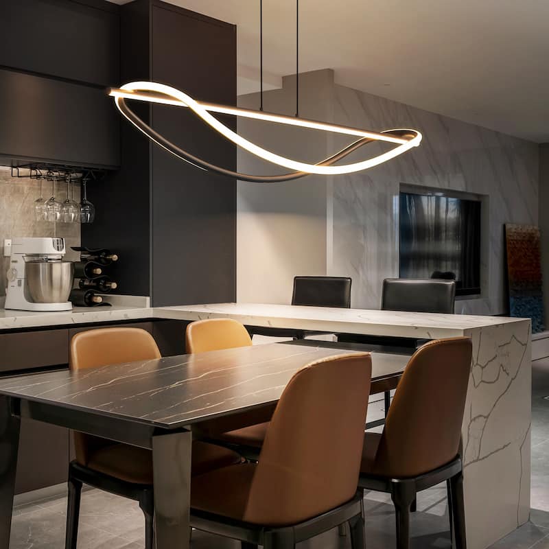 39" 2-Light Modern Black Aluminum Linear Wave-Shaped Geometric Integrated LED Pendant Light for Kitchen Island