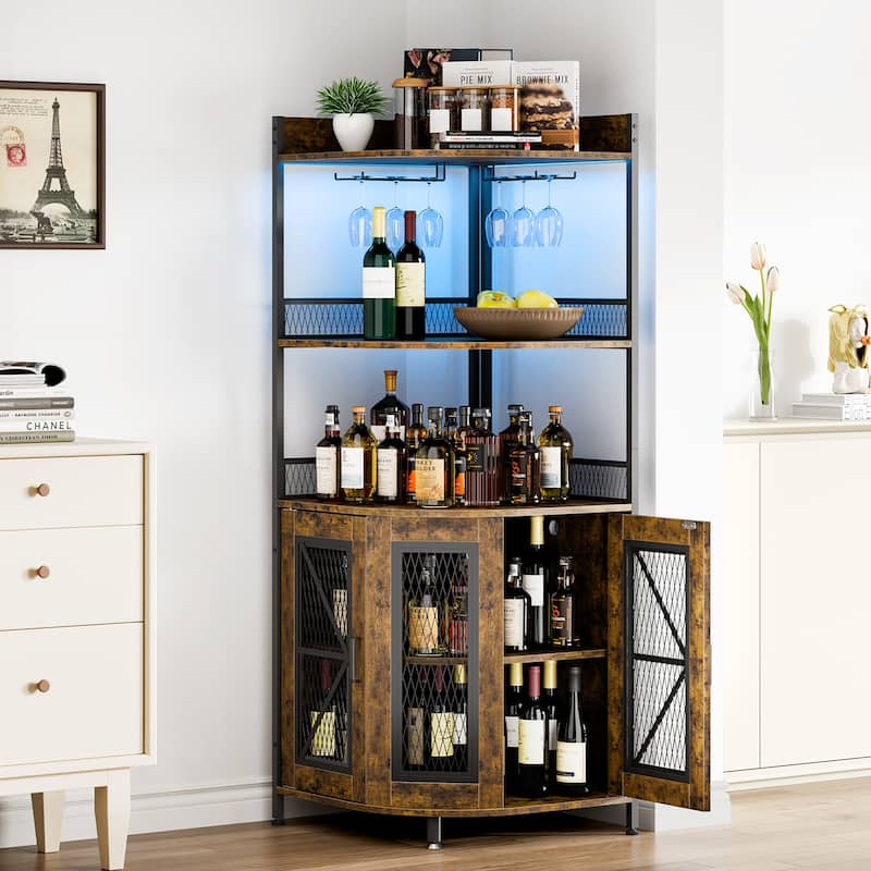 5-Tiers Corner Wine Cabinet with LED Light and Glass Holder