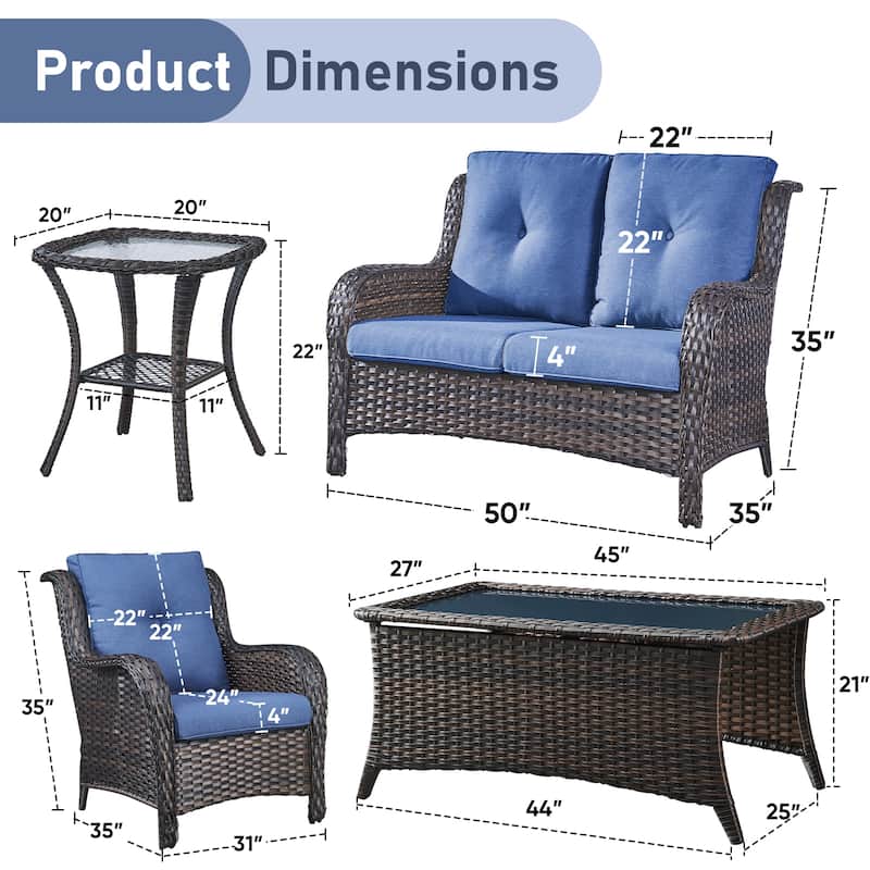 Pocassy 5 Pieces Outdoor Patio 2-Seat Sofa Chairs with Coffee Table