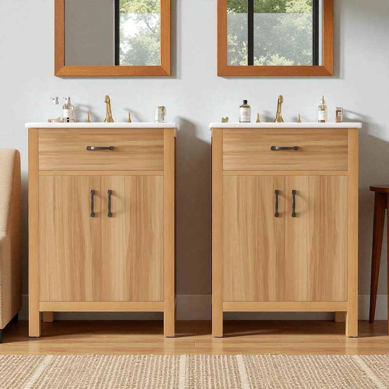 48" Bathroom Vanity with Ceramic Sink, Solid Wood Frame, Flip Drawer, 4 Soft-Close Doors & Adjustable Shelves - Wood