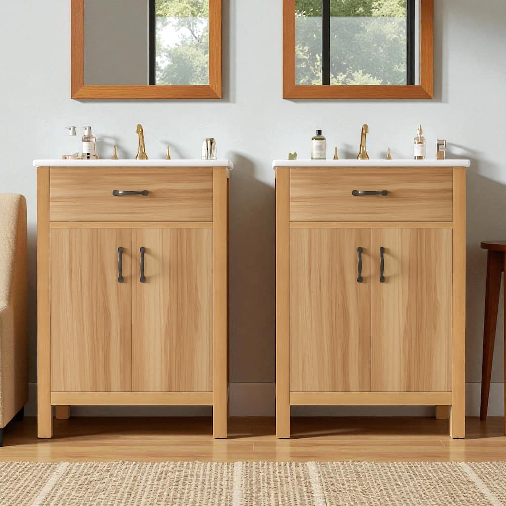 48" Bathroom Vanity with Ceramic Sink, Solid Wood Frame, Flip Drawer, 4 Soft-Close Doors & Adjustable Shelves