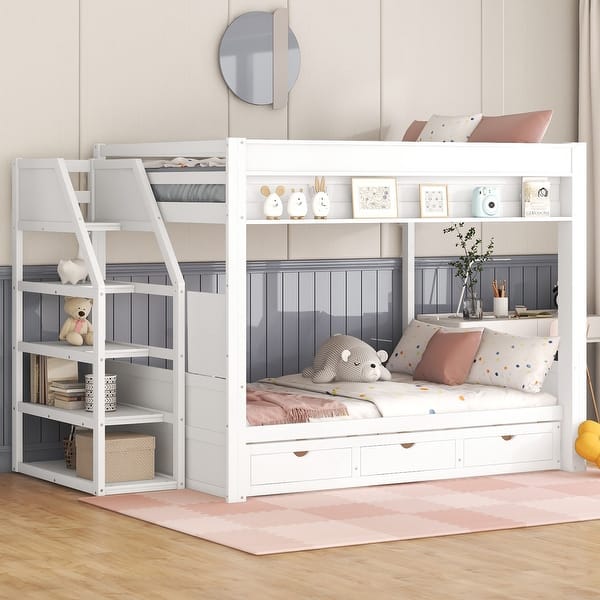slide 2 of 24, Full over Full Size Convertible Wooden Bunk Bed with Storage Staircase, Bedside Table, and 3 Drawers,Daybed White
