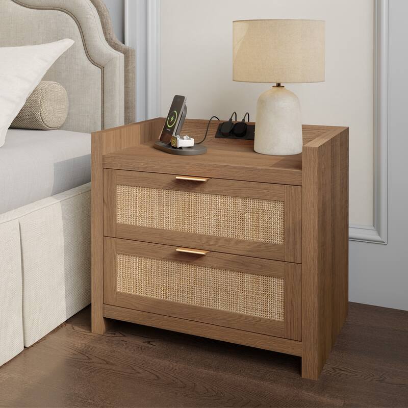 Farmhouse Nightstand with Charging Station and Drawers