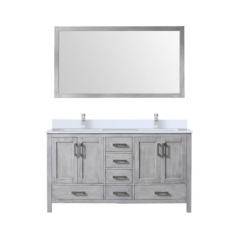 Jacques White Bath Vanity, Cultured Marble Top, Faucet Set and Mirror - Distressed Grey - 60 Inch