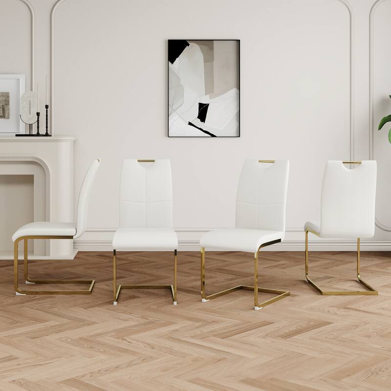 Modern Set of 4 Dining Chairs with Leather Cushioned Seat, Chrome Metal Legs, for Dining Room, Living Room, and Bedroom
