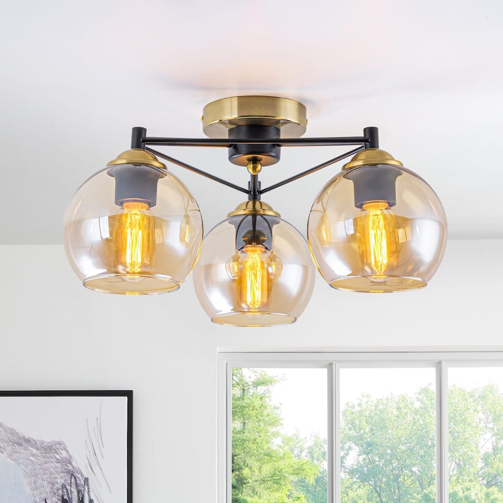 3 Lights Gold Flush Mount Ceiling Light with Amber Glass Globes - Dia.17.72-in