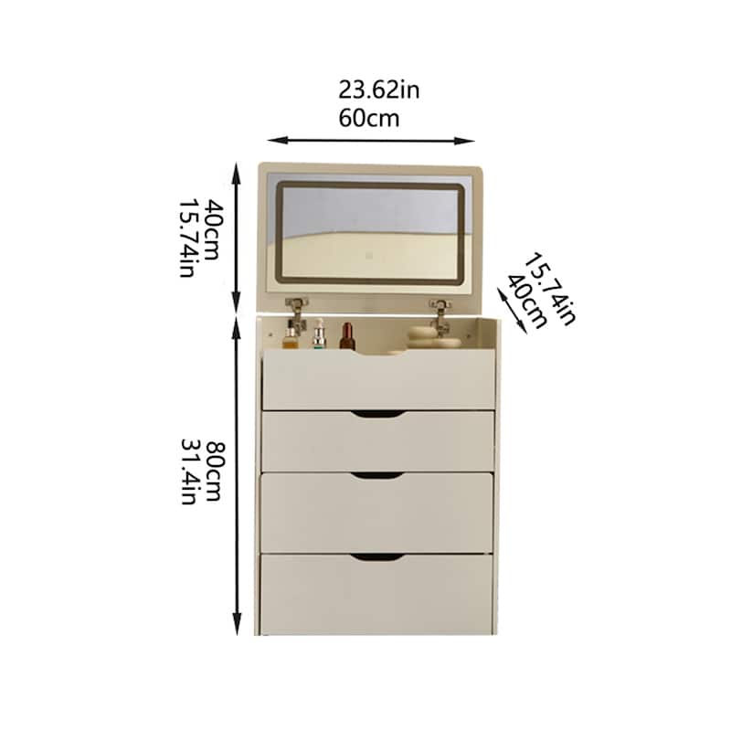 3-in-1 Small Vanity Desk with 3-color Lighting Mirror, Visible Glass Tabletop and Storage Bench