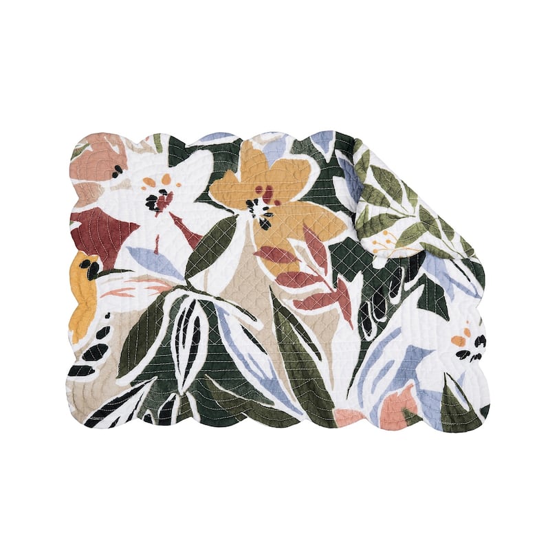 Joelle Floral Flowers Palm Leaf Vibrant Scalloped Placemats Set of 6, 13" x 19"